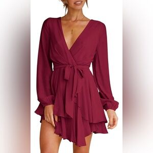 Cosonsen Women's Dress Deep V-Neck Long Sleeve Waist Tie Ruffle Mini Swing dress